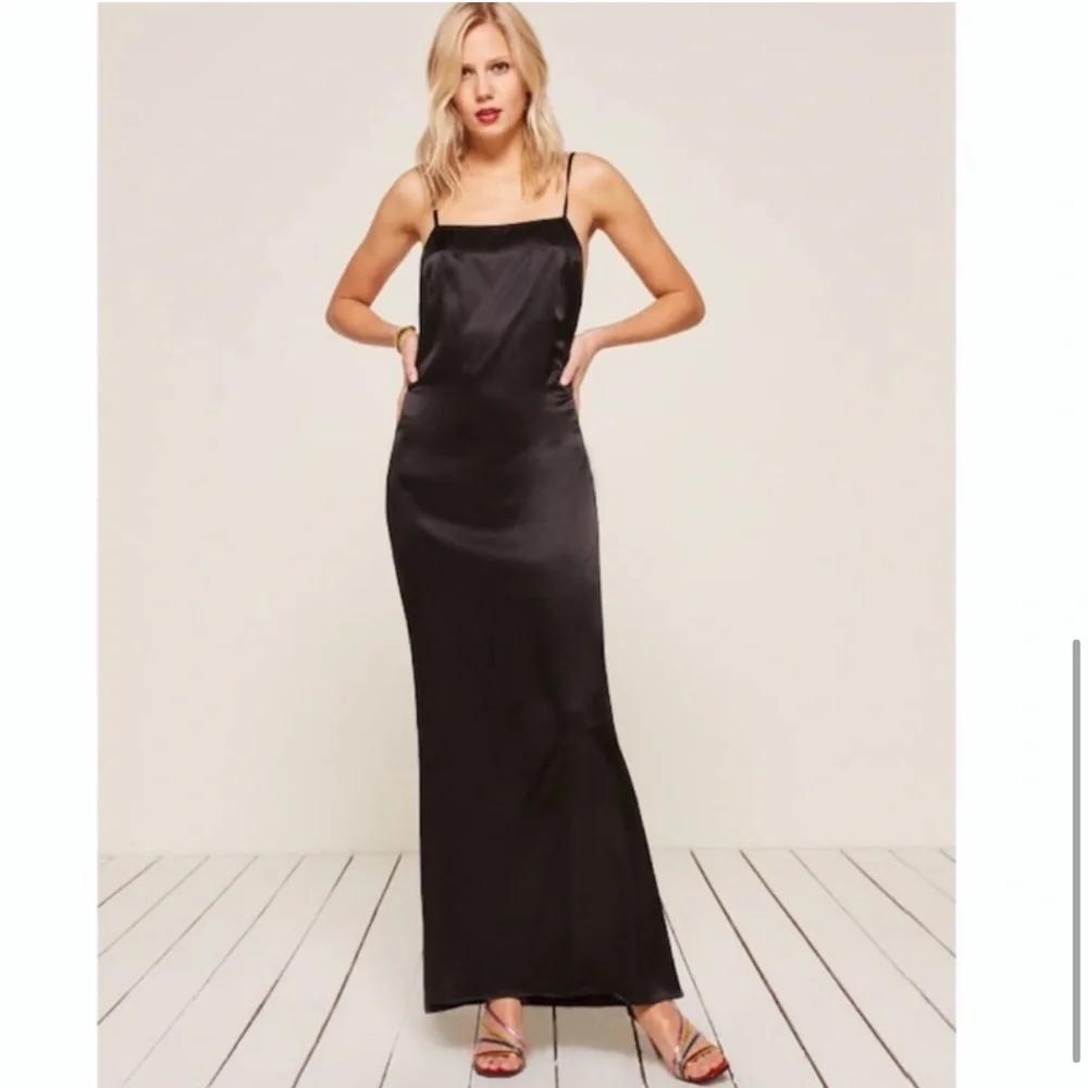 Reformation Black silk slip dress Bias Cut Open Back "Rosie" Gown Cocktail Maxi - Picture 4 of 13